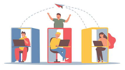 Poster - People working in colorful office cubicles connected by a paper airplane and dotted lines design