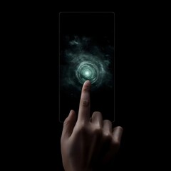 Poster - Futuristic interface with nuclear reaction rings under fingertip