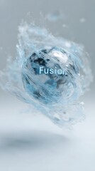 Poster - Spinning nuclear fusion model in soft blue hues