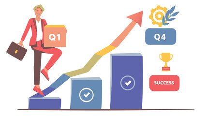 Poster - Woman climbing graph steps with q one box representing business growth and success in the last quarter