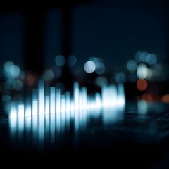 Poster - Glowing data panel with stacked bars over a glass table