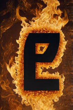 Fiery letter e made of golden flames with ornate baroque swirls emerging from black void, dramatic lighting, high-contrast, cinematic surreal art,Generative Ai

