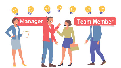 Poster - Illustration of manager and team members with lightbulbs showing collaboration and innovation at work