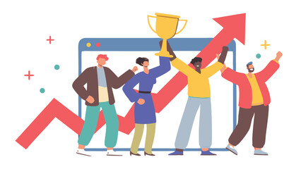 Poster - Team celebrating success with trophy and upward trending arrow in front of a web browser window