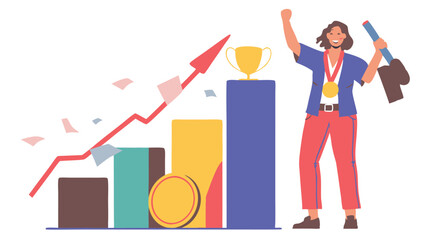 Poster - Illustration of a woman celebrating success with a trophy and rising graph showing growth trend up