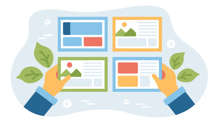Poster - Hands holding different website layouts with leaves in a light blue background design concept