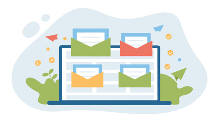 Poster - Laptop displaying multiple email messages with paper airplanes and check mark icons floating around it