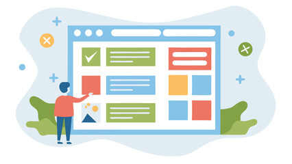 Poster - A person interacting with a large interface screen with various content blocks displayed on the screen