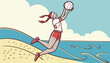 © Mushahid - Sports woman jump at volleyball beach summer outdoor competition game on ocean or sea sand playing to win. Healthy, fitness and training agile girl or young athlete ready hit ball over net in match
