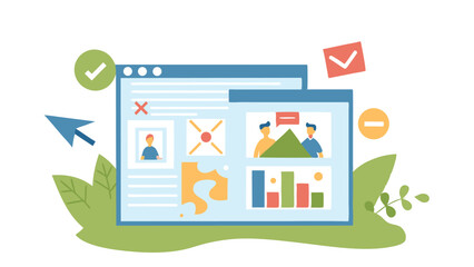 Poster - Illustration of two web windows showing data charts and profile icons with check and minus symbols