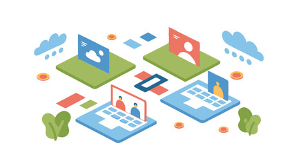 Poster - Isometric illustration of online communication with clouds and profile cards shown clearly