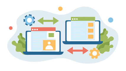 Poster - Two laptops exchanging data with arrows and gears in a digital communication network setup scene