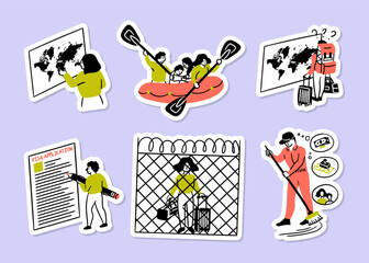 Poster - Cartoon Color Migration Realities Concept Different Scenes Sticker Set Flat Design Style. Vector illustration of Choosing Country for Moving