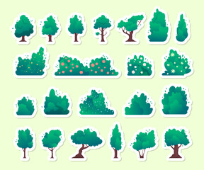 Poster - Cartoon Color Different Types of Green Trees and Bushes Stickers Set Concept Flat Design Style. Vector illustration