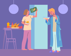 Poster - Cartoon Color Characters Couple at Refrigerator and Night Snack Concept Flat Design Style. Vector illustration of Late Night Snacking