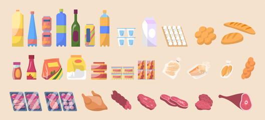 Poster - Cartoon Color Different Types Food for Supermarket Shelving and Refrigerator Set Nutrition Concept Flat Design Style. Vector illustration