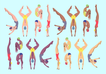 Poster - Cartoon Color Characters People Professional Swimmers Different Skin Tones Concept Flat Design Style. Vector illustration of Jumpers into Pool