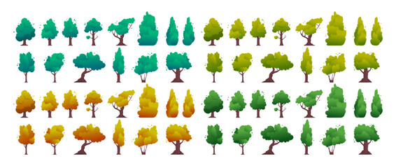 Poster - Cartoon Color Different Seasonal Types Trees Set Decoration Elements Garden and Park Concept Flat Design Style. Vector illustration