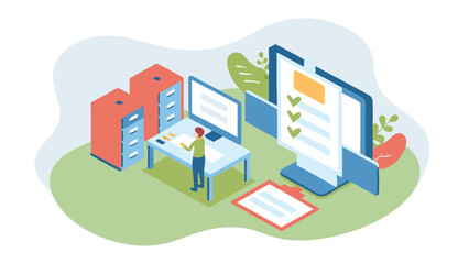 Poster - Isometric illustration of office scene with person working at desk and computer screen showing form