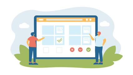 Poster - Two people interacting with a large screen displaying a grid of tasks with checkmarks and x marks