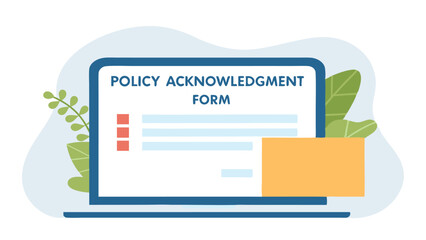 Poster - Illustration of a laptop displaying a policy acknowledgment form with plant decoration around it