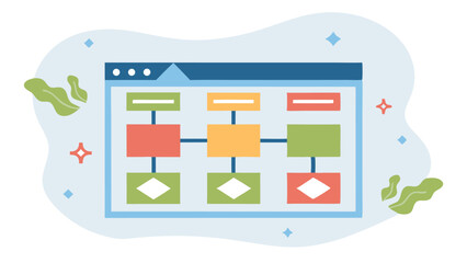 Poster - Illustration of a flow chart diagram inside a web browser window with decorative elements around it