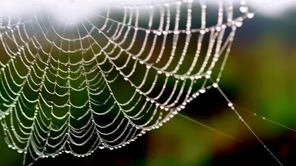 Close-up of spiderweb glistening with many water droplets against a blurred green background, nature outdoors, intricate detail of web strands.