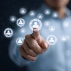 Poster - A person interacting with digital icons representing audience segments