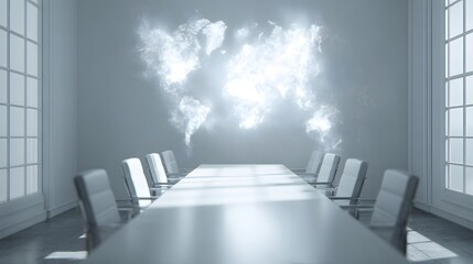 Poster - A clean minimalist boardroom with a holographic campaign map