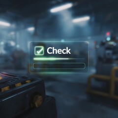 Poster - Glowing digital checklist UI in a futuristic factory environment