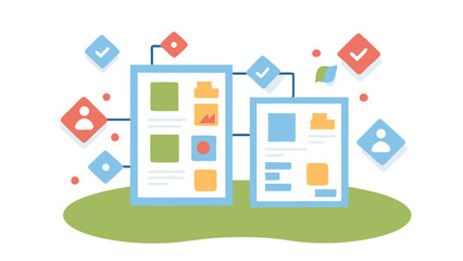 Poster - Illustration of two connected documents with various shapes and check marks displayed around them