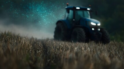 Poster - Futuristic tractor navigating a dark field with glowing panels hovering nearby