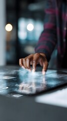 Poster - A person interacting with a holographic marketing dashboard in a modern workspace