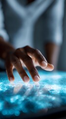 Poster - A person swiping through a marketing dashboard hologram in a modern workspace