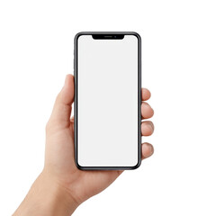 Poster - Hand holding a modern smartphone displaying blank screen ready for app mockup or digital design showcasing technology and innovation Transparent background or png