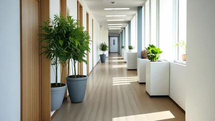 Aufkleber - Bright, minimalist workspace featuring herringbone wood flooring, expansive windows, in plants bathing green soft sunlight