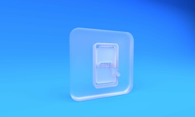 Aufkleber - Frosted glass Mobile phone and shopping cart icon isolated on blue background. Online buying symbol. Supermarket basket symbol. Square frosted glass button. 3D render illustration