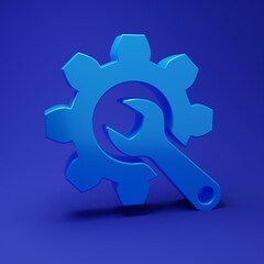 Poster - Blue Wrench and gear icon isolated on blue background. Adjusting, service, setting, maintenance, repair, fixing. Minimalism concept. 3D render illustration