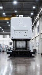 Poster - A heavy hydraulic press forming sheet metal in a clean industrial facility