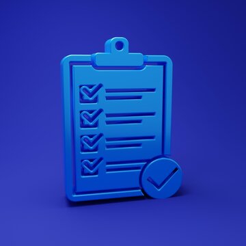 Blue Verification of delivery list clipboard and pen icon isolated on blue background. Minimalism concept. 3D render illustration