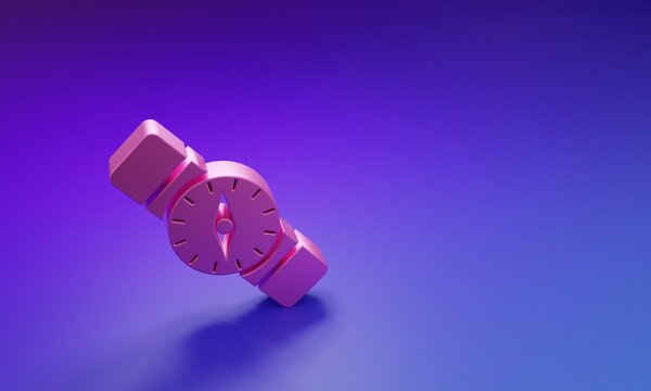 Pink Compass icon isolated on purple-blue background. Windrose navigation symbol. Wind rose sign. Minimalism concept. 3D render illustration