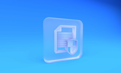 Poster - Frosted glass Document protection concept icon isolated on blue background. Confidential information and privacy idea, secure, guard, shield. Square frosted glass button. 3D render illustration