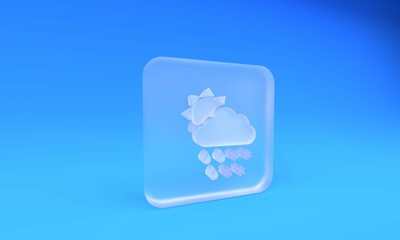 Poster - Frosted glass Cloud with snow, rain and sun icon isolated on blue background. Weather icon. Square frosted glass button. 3D render illustration