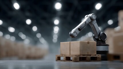Poster - Robotic arm stacking crates onto pallets in a warehouse