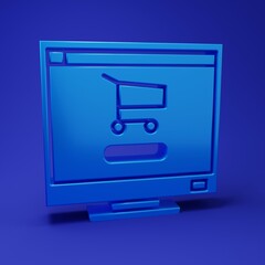 Poster - Blue Shopping cart on screen computer icon isolated on blue background. Concept e-commerce, e-business, online business marketing. Minimalism concept. 3D render illustration