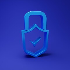 Poster - Blue Open padlock and check mark icon isolated on blue background. Cyber security concept. Digital data protection. Safety safety. Minimalism concept. 3D render illustration