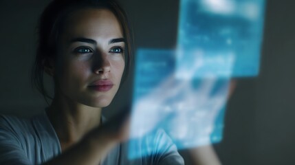 Poster - Woman comparing product models on futuristic holographic displays