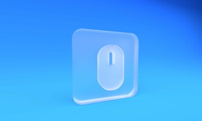 Poster - Frosted glass Computer mouse icon isolated on blue background. Optical with wheel symbol. Square frosted glass button. 3D render illustration