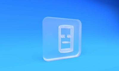 Fototapete - Frosted glass Dead mobile icon isolated on blue background. Deceased digital device emoji symbol. Corpse smartphone showing facial emotion. Square frosted glass button. 3D render illustration