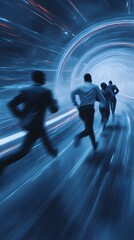 Poster - Digital business avatars racing through a gamified marketing tunnel in virtual space